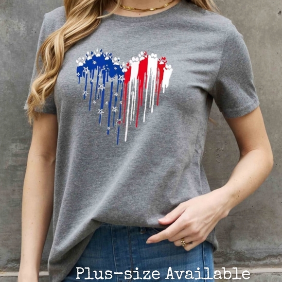 100% Cotton Paw-Print US American Flag Heart Graphic Short-sleeve Tee Shirt - Picture 4 of 8